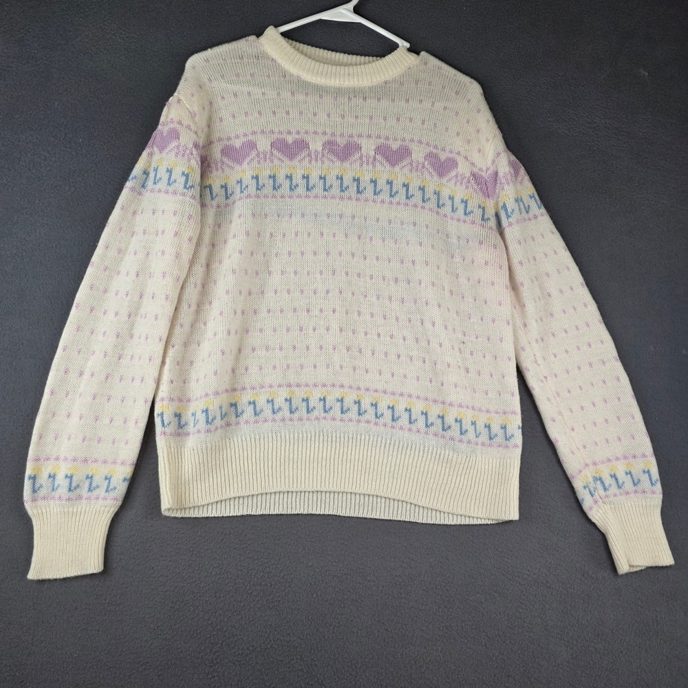 Mister Noah Crewneck Sweater Women Medium Cream Heart Fair Isle Knit Long Sleeve